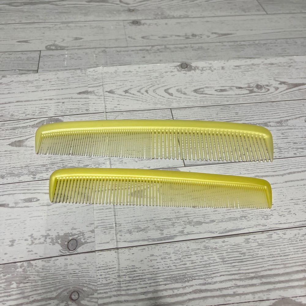 Vintage Style Yellow Plastic Fine Tooth Hair Combs Set of 2 Retro Grooming